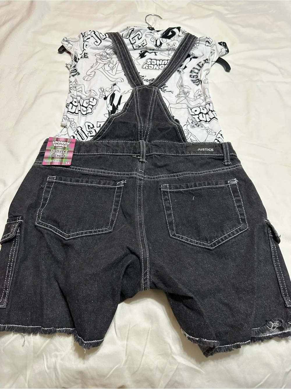 Warner Bros. Black Denim Short Overalls with Looney Tunes Patches